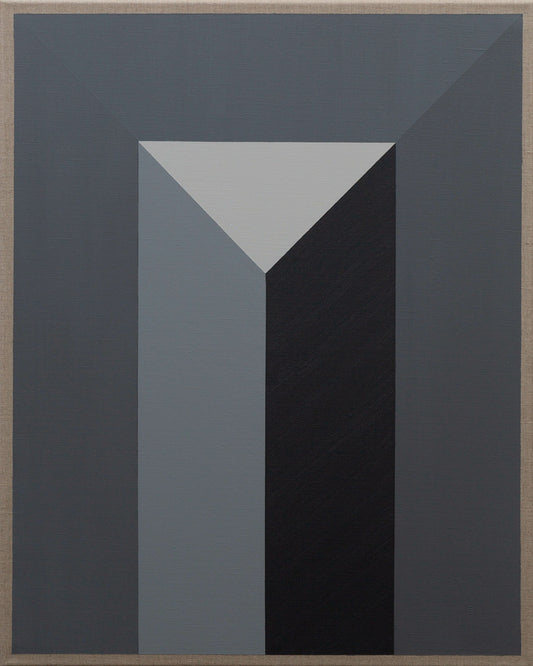 Abstract geometric painting with layered dark blue and gray tones forming a symmetrical structure