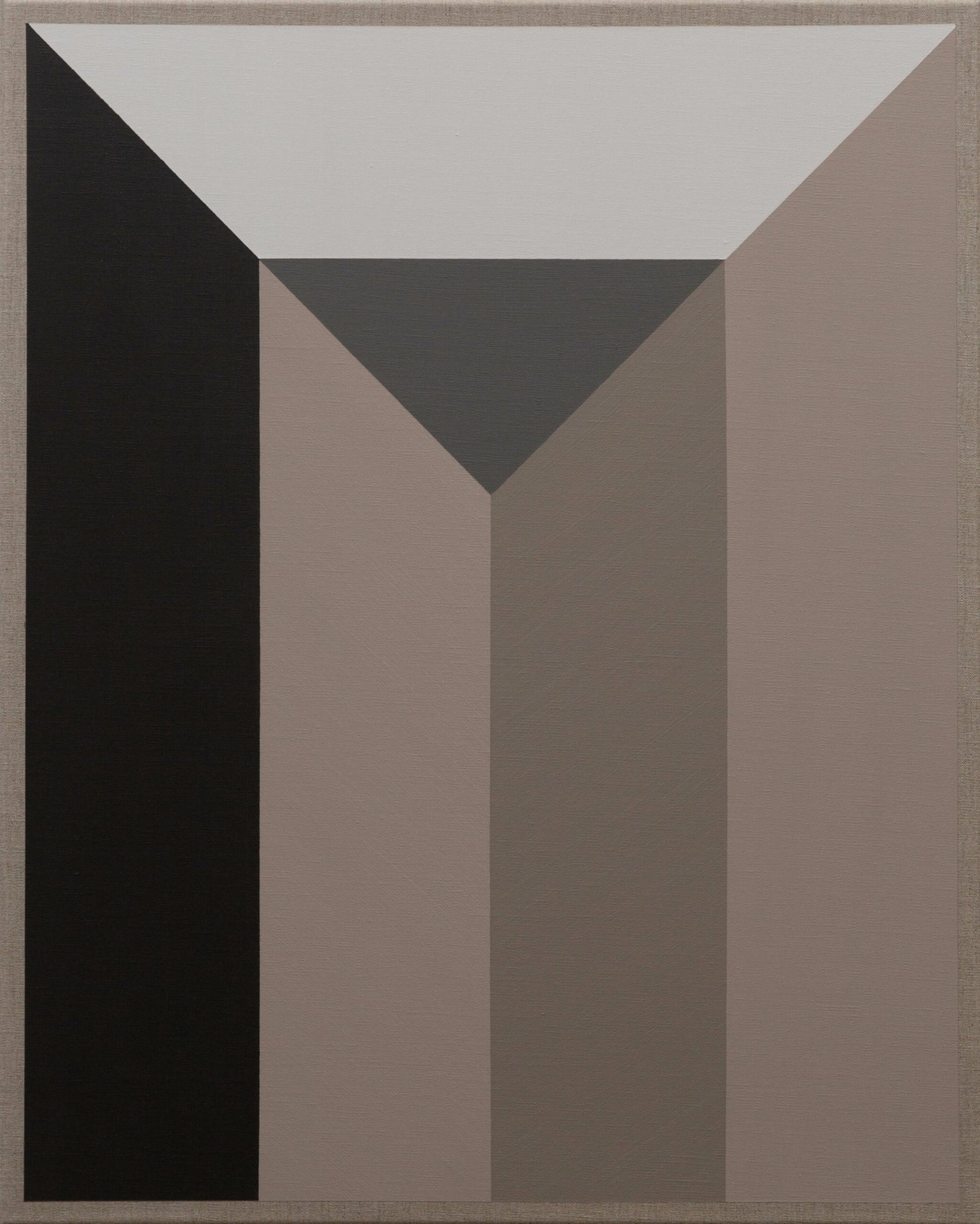 Abstract geometric painting with muted tones forming a symmetrical, layered structure.