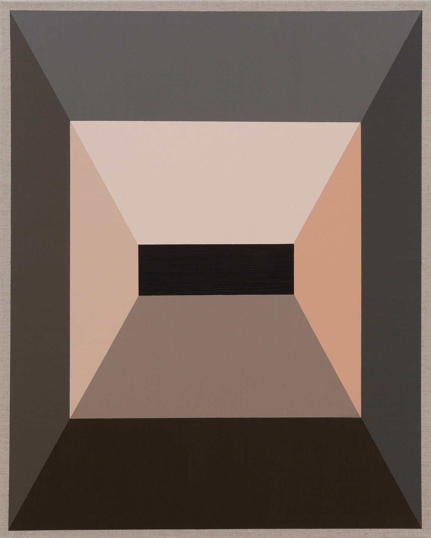 Symmetrical abstract design with a central black rectangle, framed by beige, pink, and brown gradients.