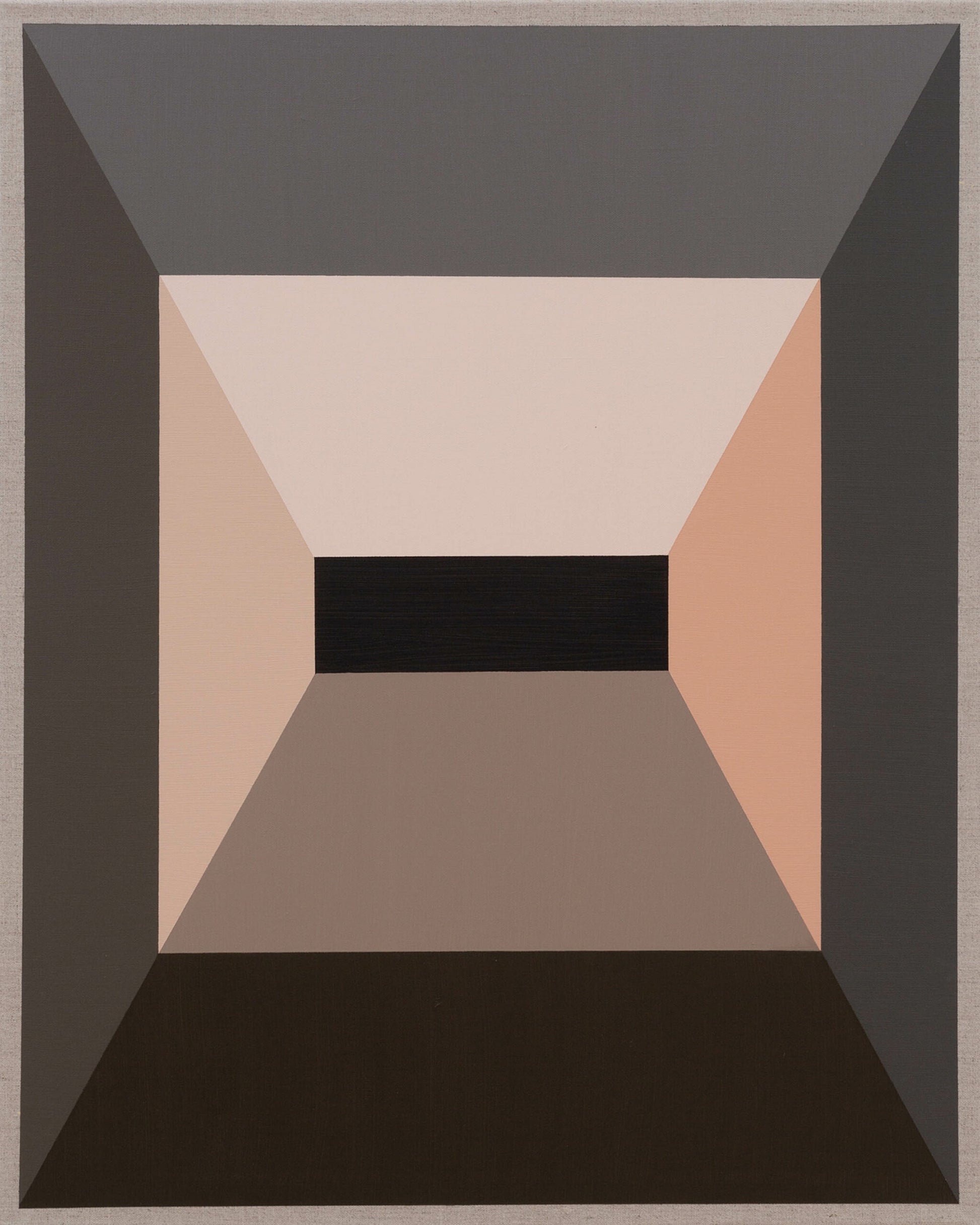 Symmetrical abstract design with a central black rectangle, framed by beige, pink, and brown gradients.