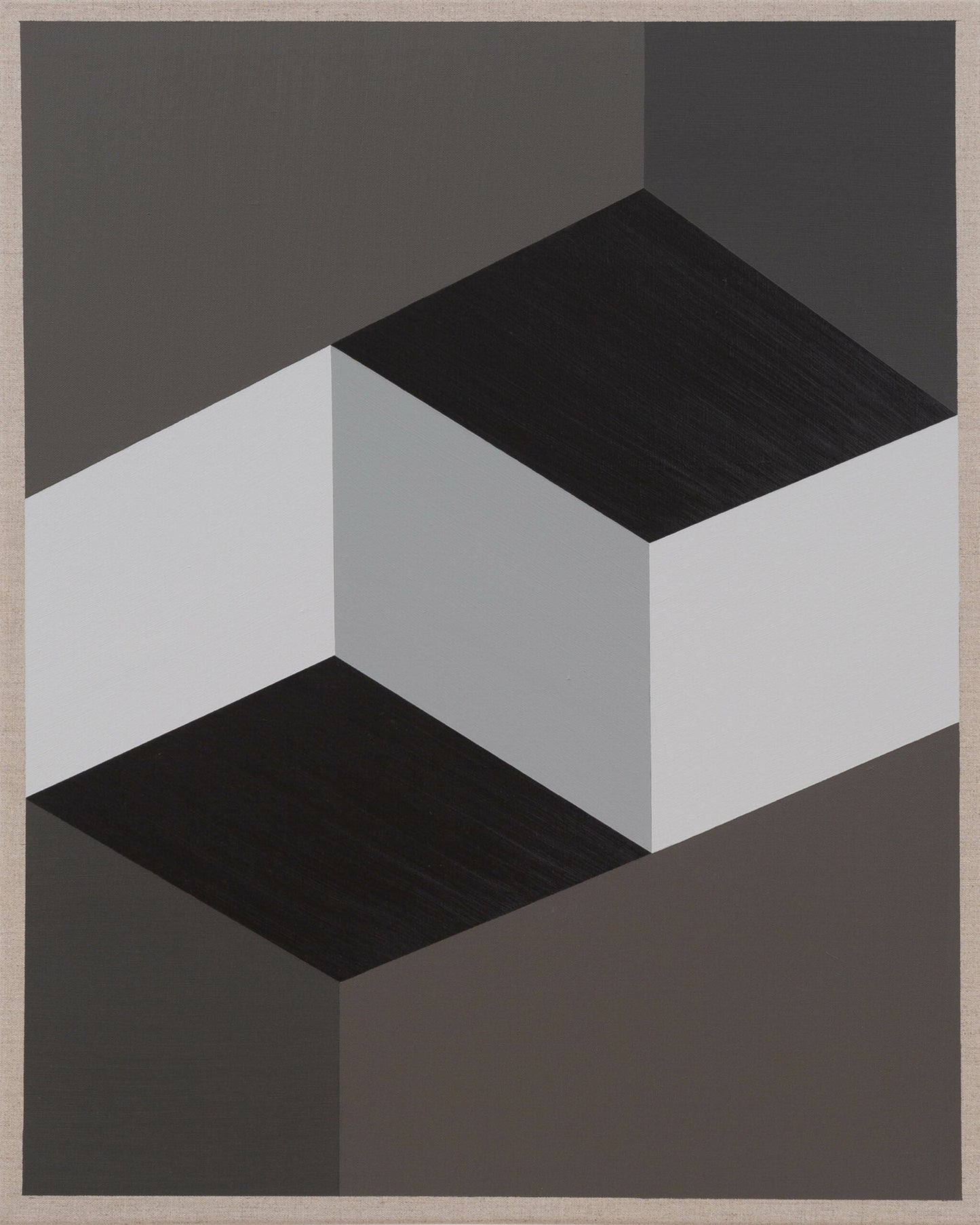 Monochrome painting of a gray cube surrounded by dark black and charcoal hues forming an optical illusion.