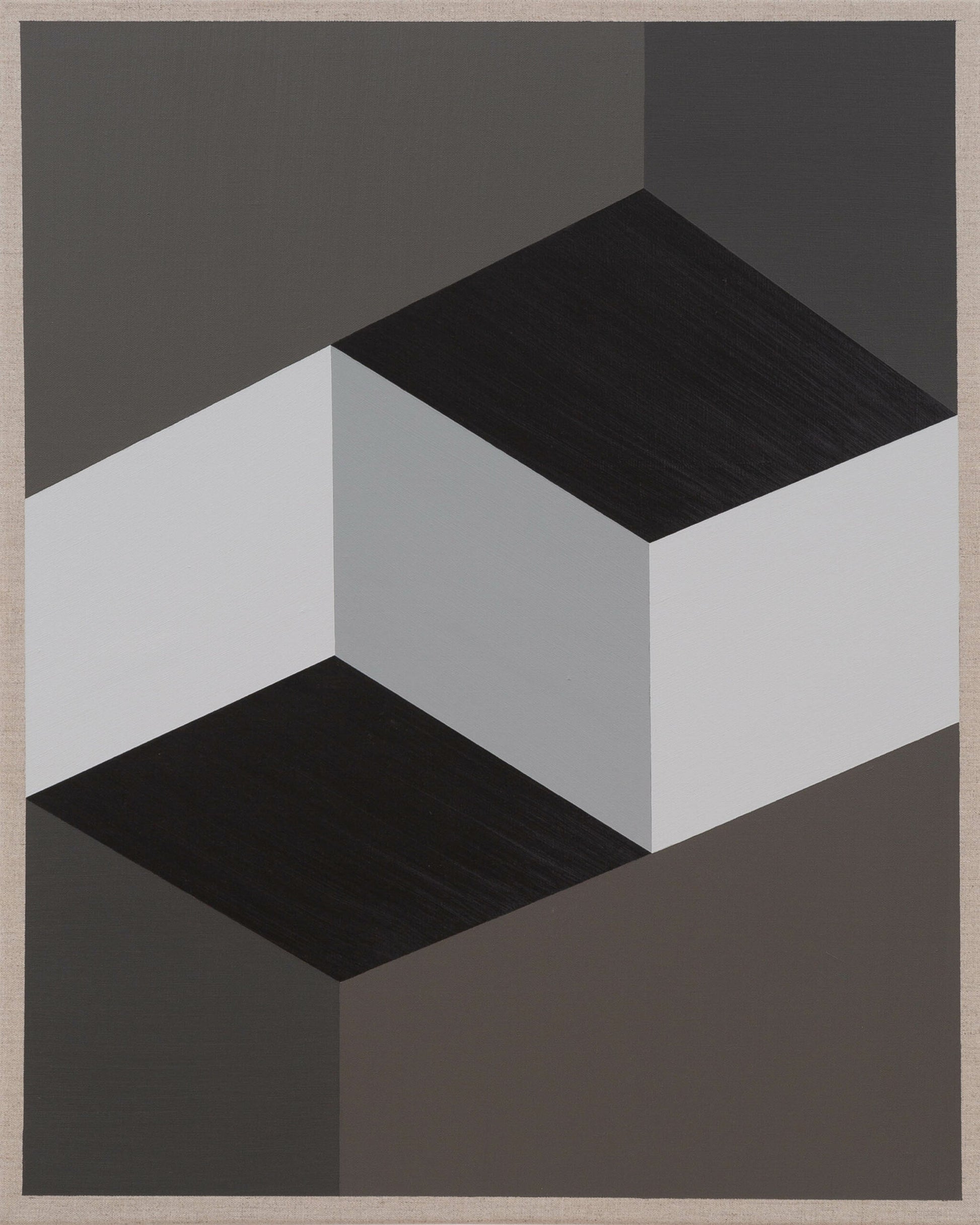 Monochrome painting of a gray cube surrounded by dark black and charcoal hues forming an optical illusion.