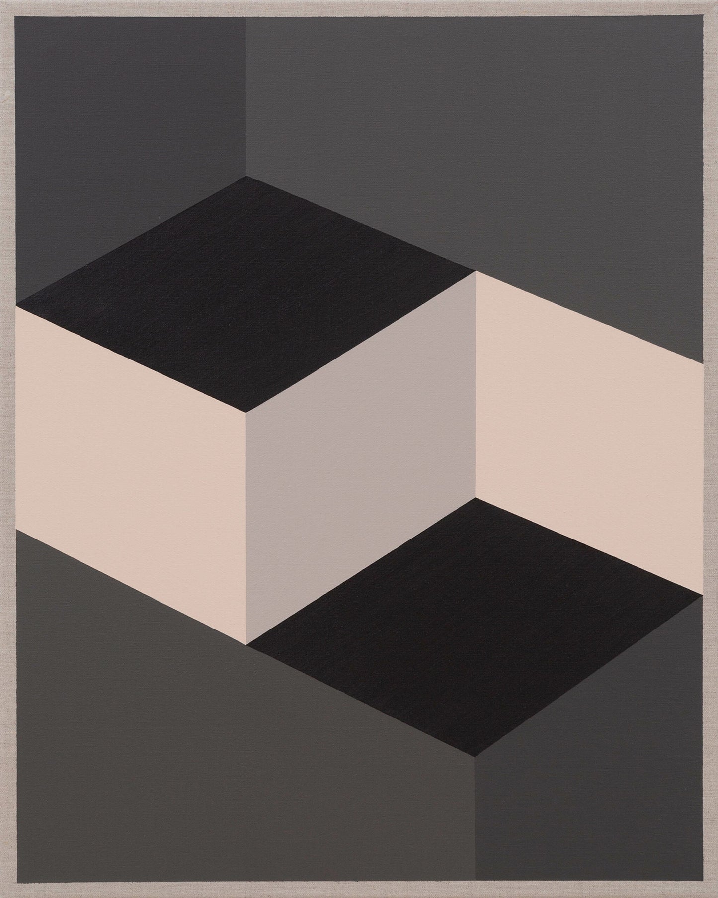 Abstract painting of a beige cube surrounded by dark gray and black shapes, creating a 3D optical effect.