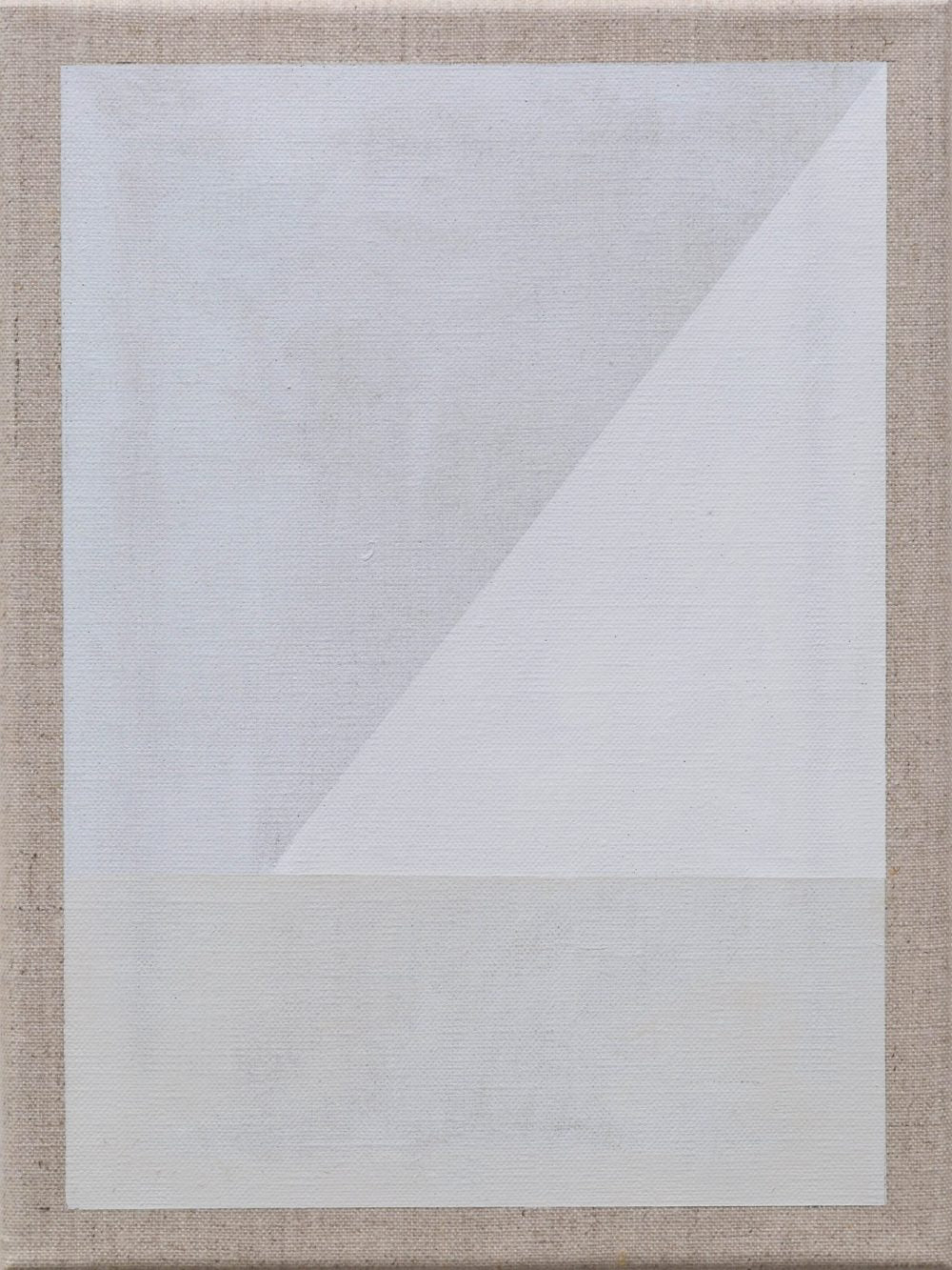 Minimalist abstract painting with soft white and gray tones, featuring a diagonal triangular division.