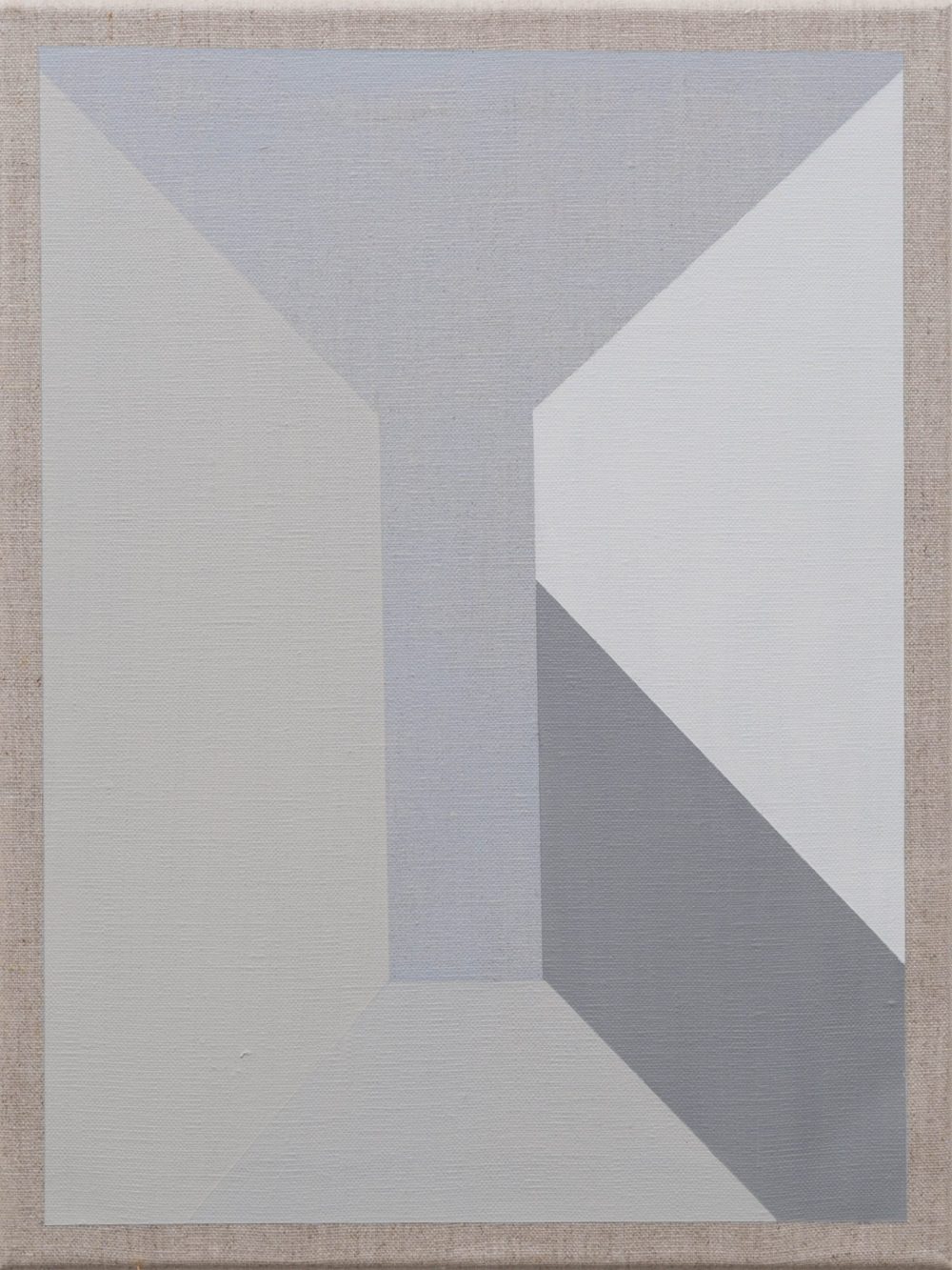 Geometric abstract painting with intersecting gray and white planes creating a minimalist 3D effect