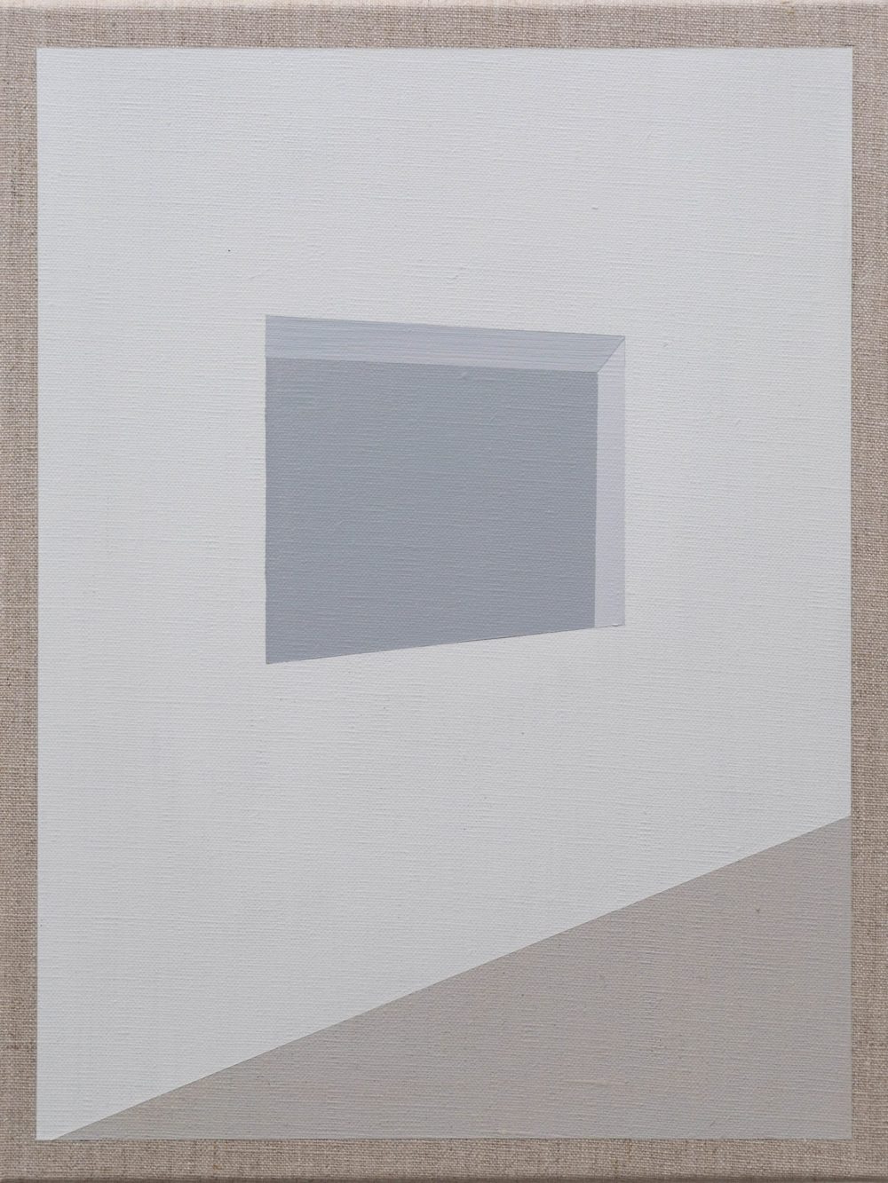 Minimalist abstract painting with a gray rectangle and clean white and beige tones