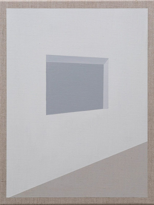 Minimalist abstract painting with a gray rectangle and clean white and beige tones