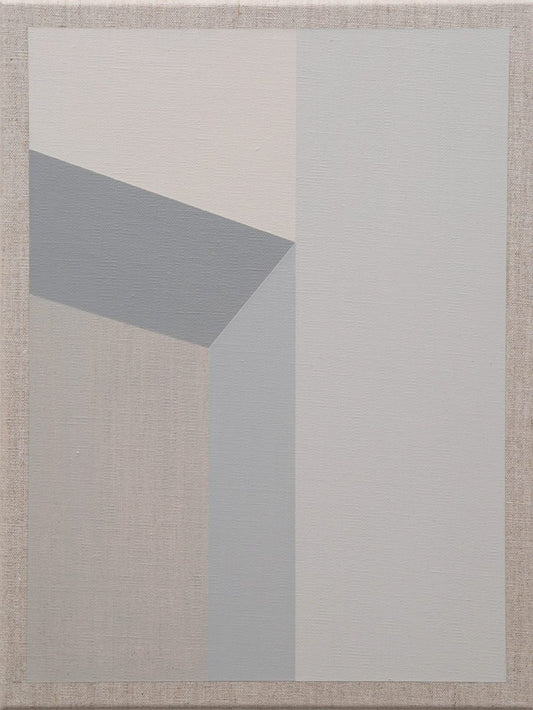 "Abstract geometric painting with intersecting gray planes and soft neutral tones