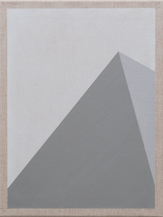 Minimalist painting with a triangular geometric form in soft grayscale tones on a neutral background.