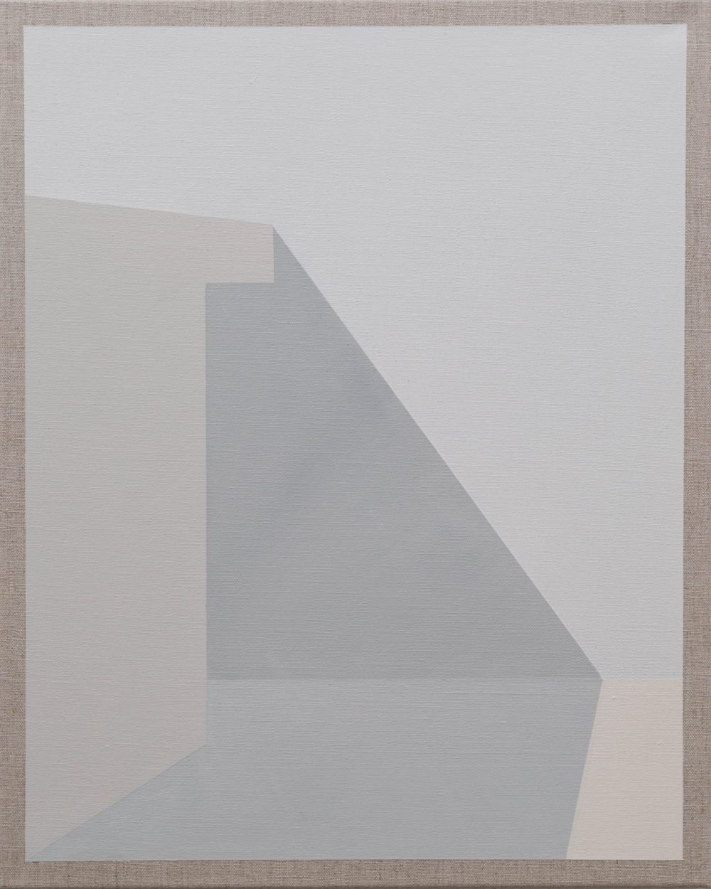 Abstract painting with soft geometric shapes in muted gray and beige tones, creating subtle depth.