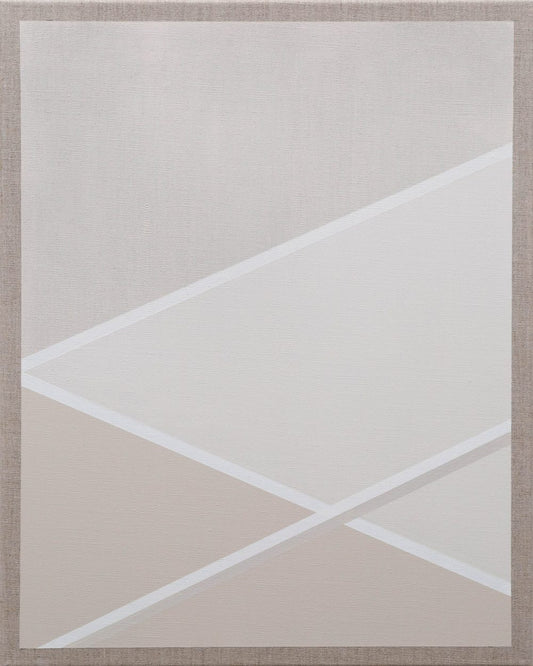 Minimalist painting with intersecting white lines on a soft beige and gray textured background.