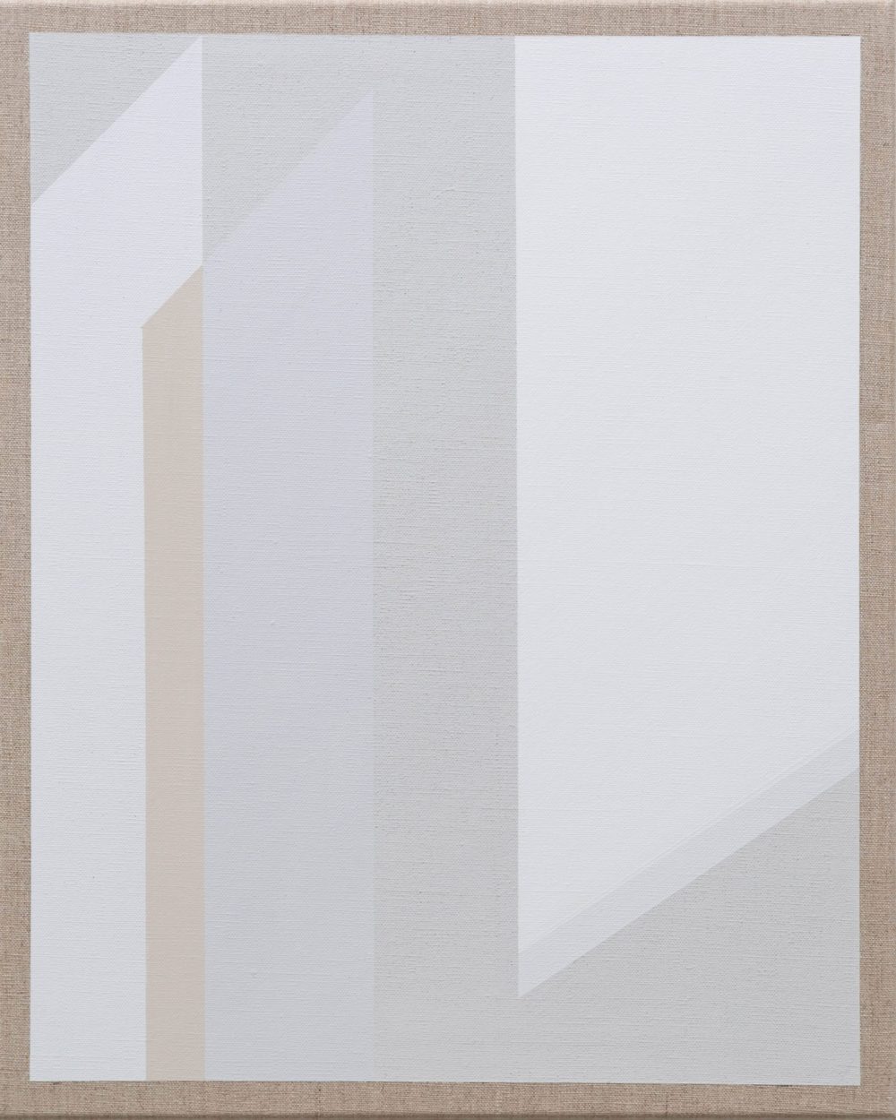 Abstract painting featuring layered translucent panels in white, beige, and soft gray tones.