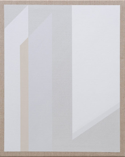 Abstract painting featuring layered translucent panels in white, beige, and soft gray tones.