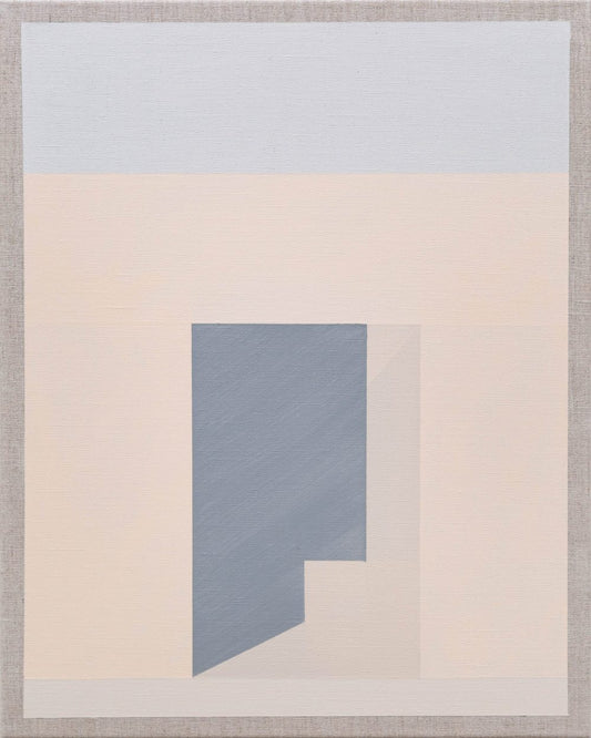 Abstract painting with a central blue-gray shape on a soft beige and white geometric background.