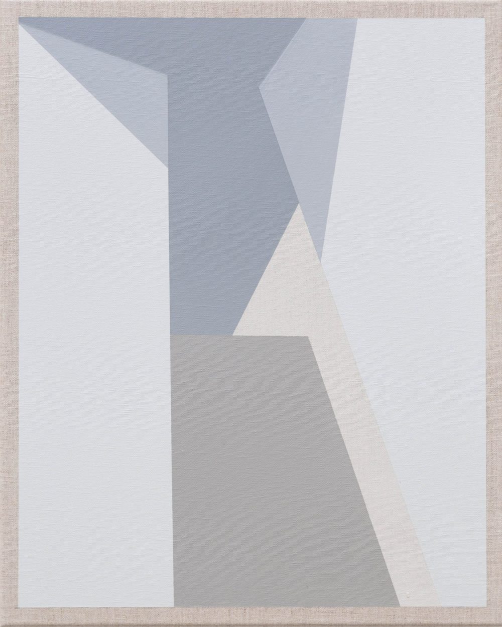 Minimalist abstract painting with soft gray and blue geometric shapes creating layered perspectives.