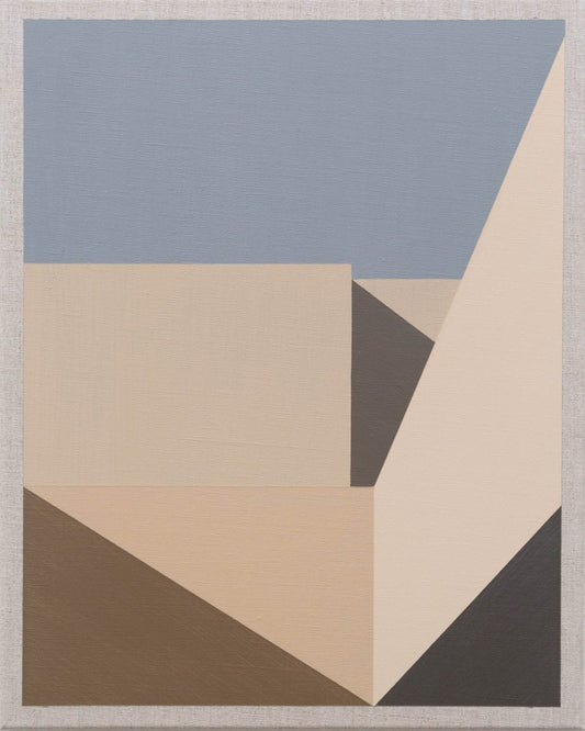 Modern abstract art featuring geometric shapes in beige, brown, and blue with sharp, angular lines.