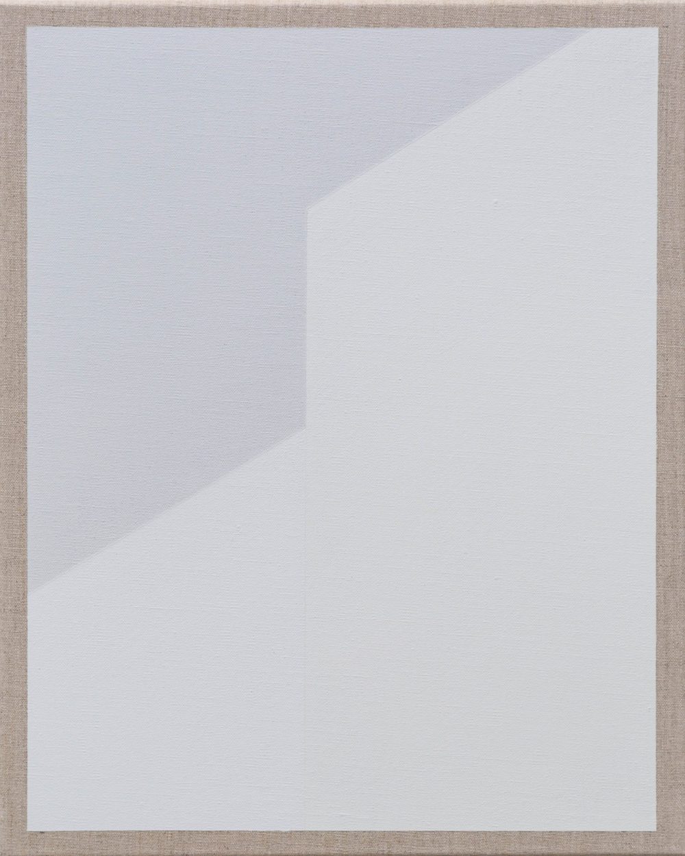 Abstract geometric painting in soft white and gray tones with overlapping translucent shapes.