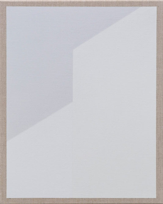 Abstract geometric painting in soft white and gray tones with overlapping translucent shapes.