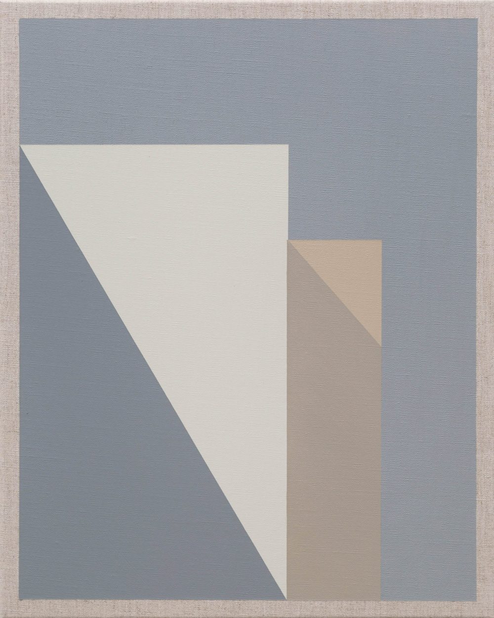 Minimalist geometric painting with soft blue, beige, and white tones forming overlapping angular shapes.