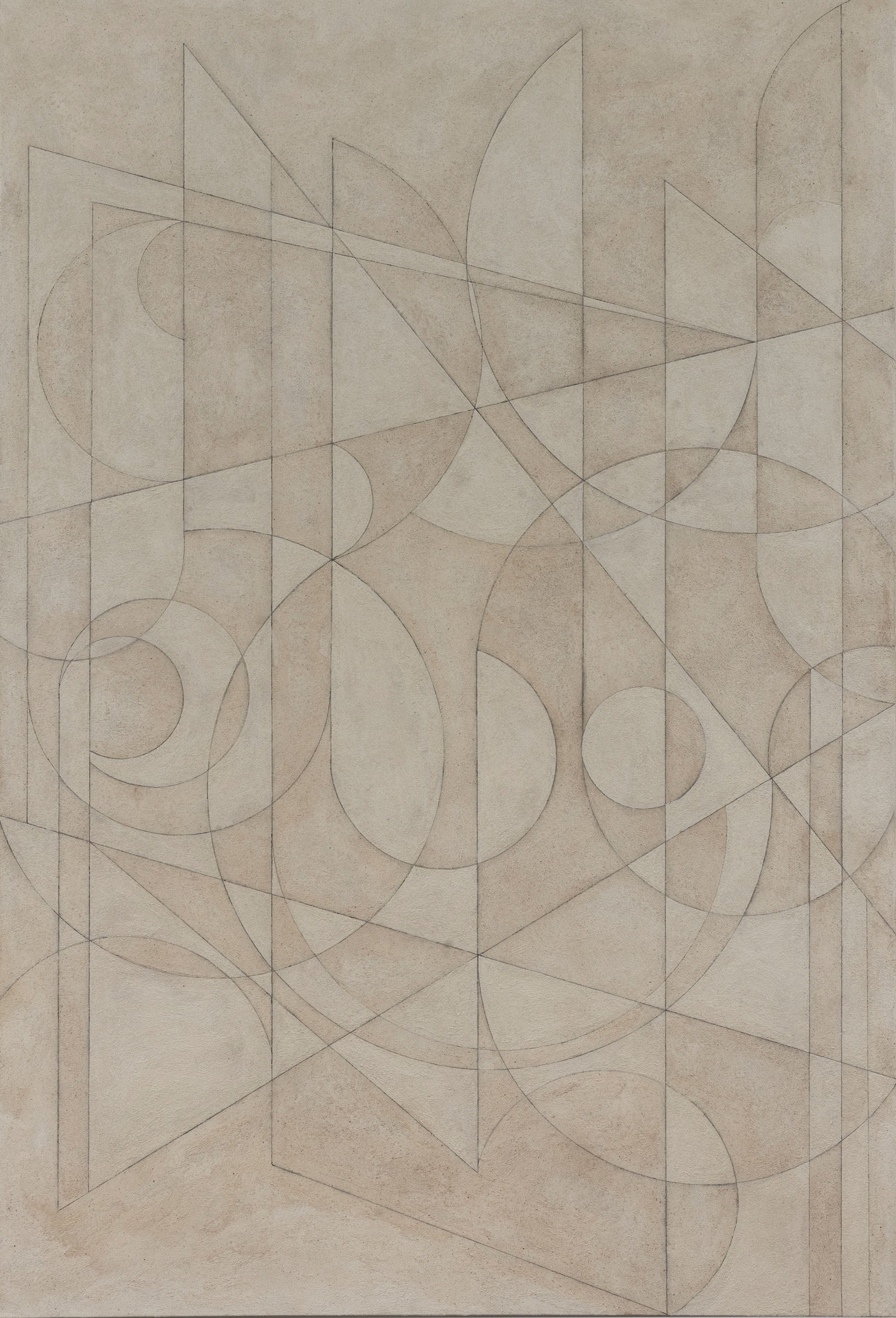 Abstract painting with intersecting geometric lines and shapes in soft beige and neutral tones