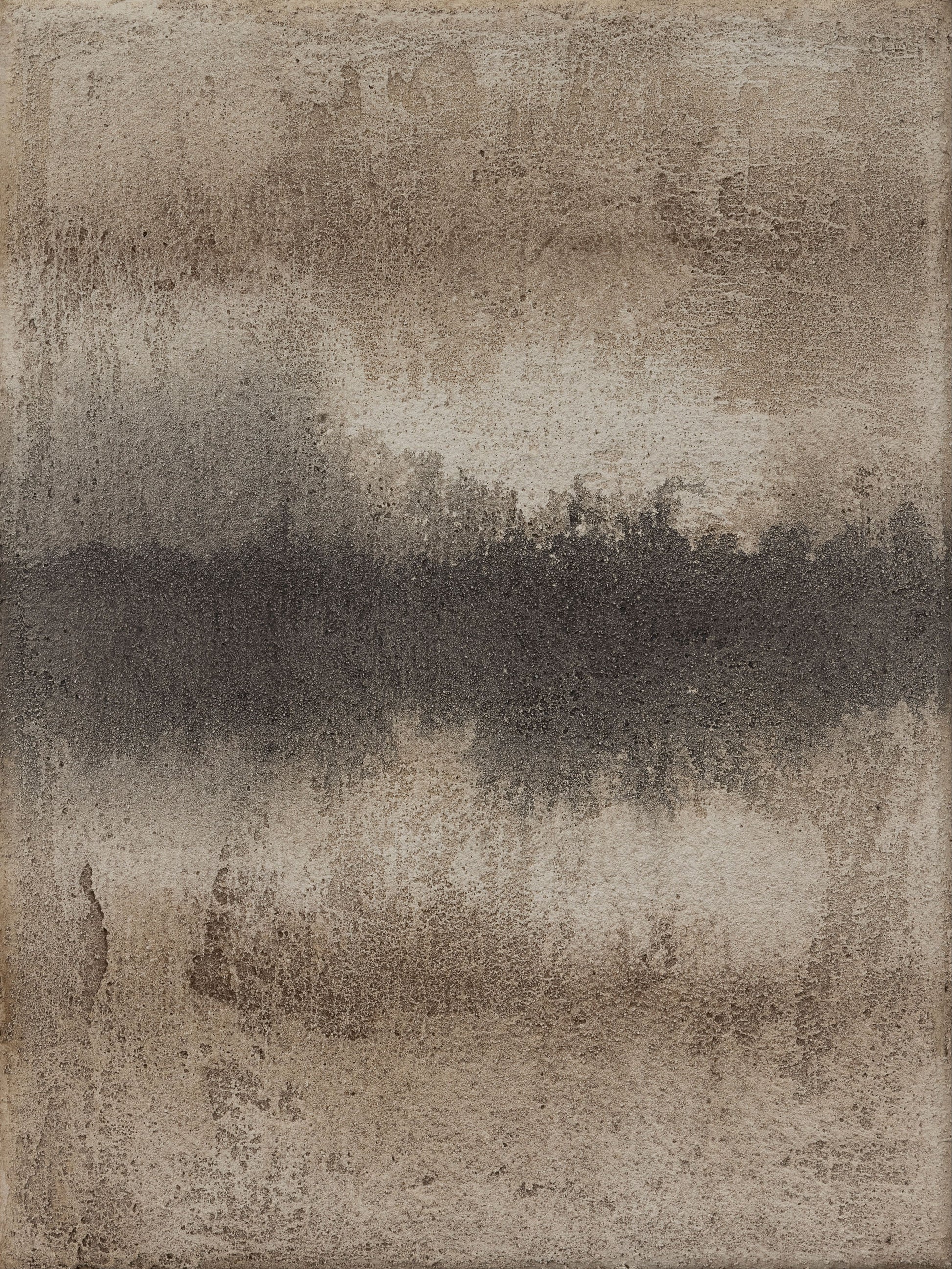 Abstract painting with earthy tones and a dark horizontal band resembling a distant landscape or reflection.