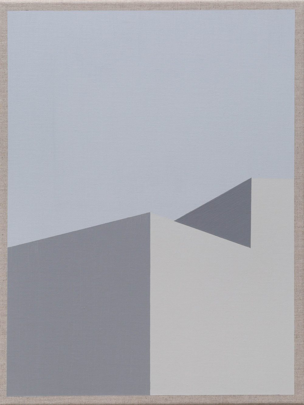 Abstract painting with layered gray geometric shapes and subtle tonal transitions on a neutral backdrop.