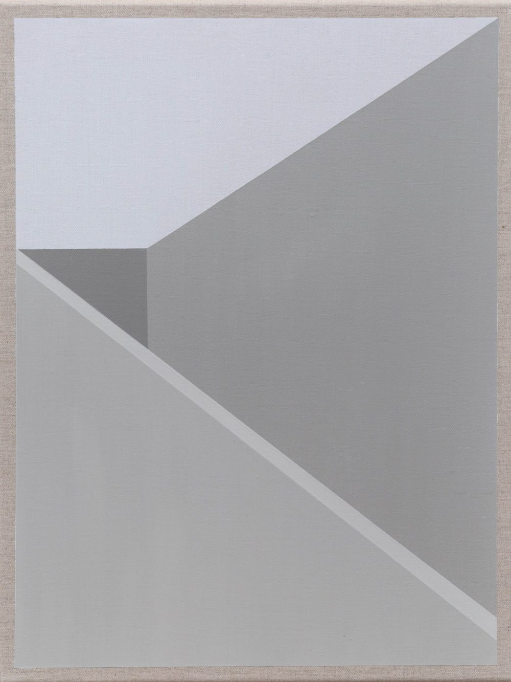 Minimalist abstract painting with geometric gray tones and sharp diagonal lines on a neutral canvas