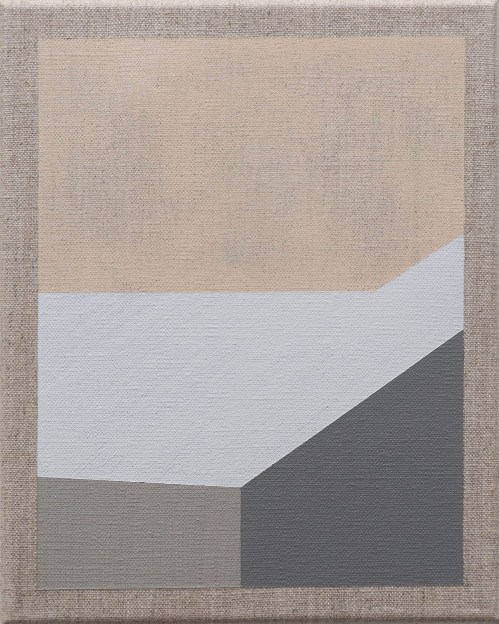 Abstract painting with beige, white, and gray blocks forming geometric layers on a textured canvas.